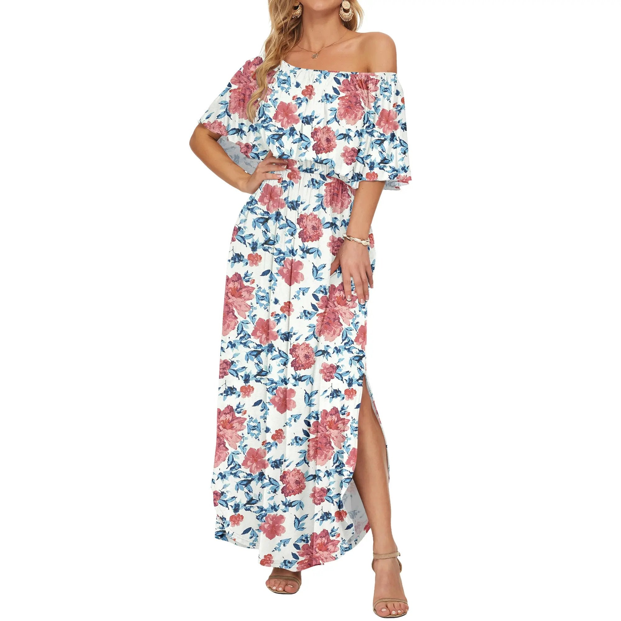 Women's Off The Shoulder Dress 👗Wedding Guest Dress ❤️Summer Casual Long Ruffle Party Side Split Beach Maxi Dresses with Pockets