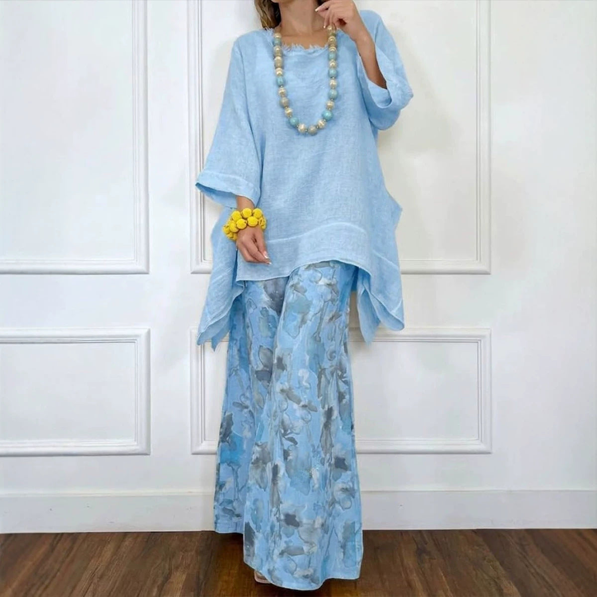 💕💕Cotton-Linen Irregular Hem Drop-Shoulder Top & Wide-Leg Pants Set
