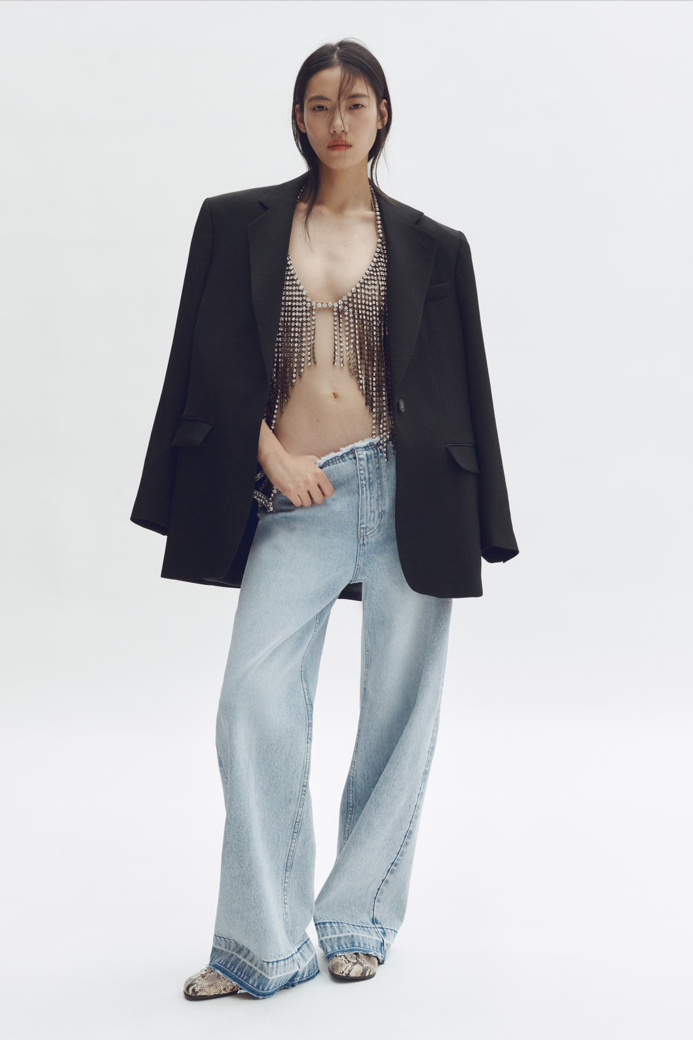 💕💕Rhinestone Cutout Wide Leg Jeans