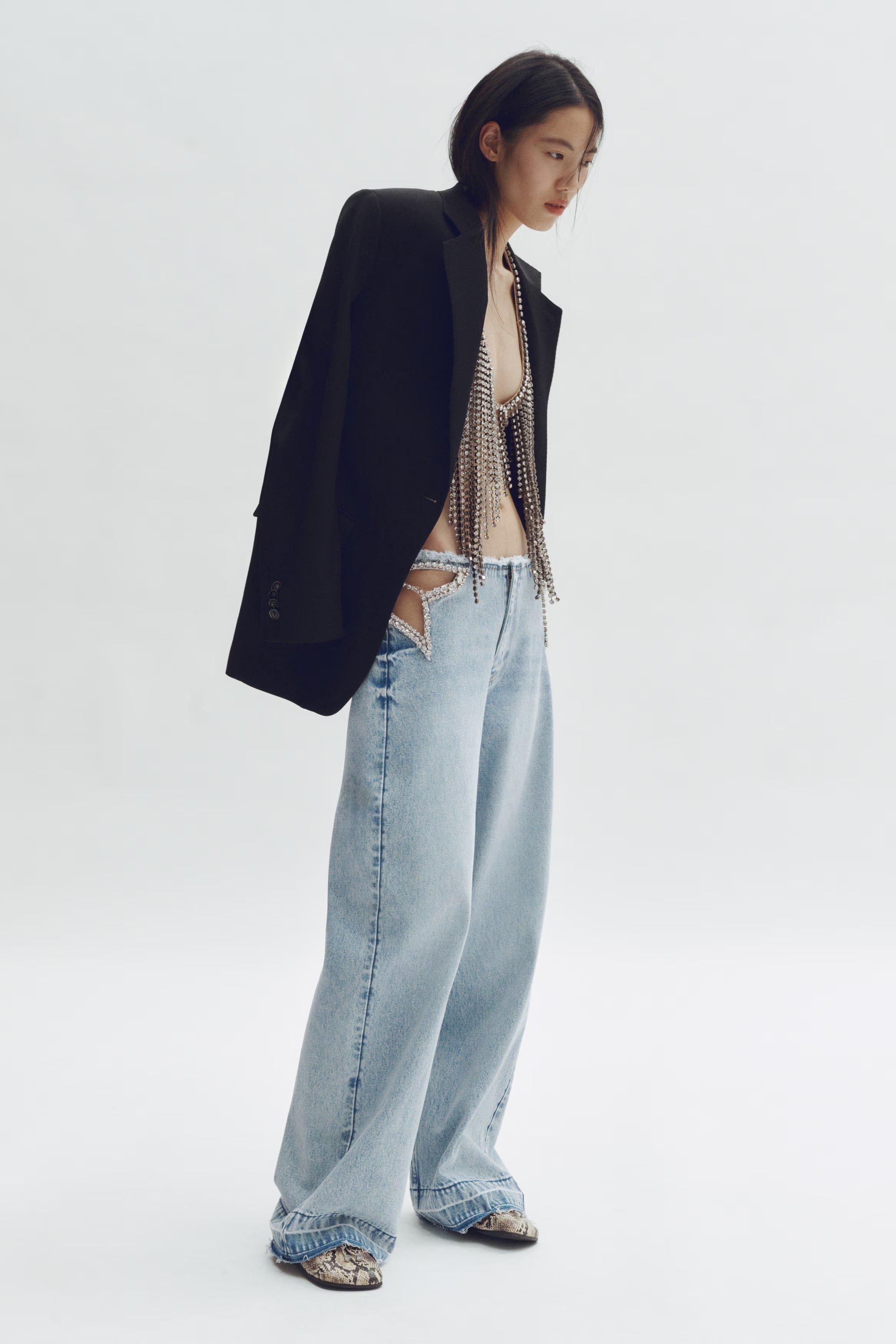 💕💕Rhinestone Cutout Wide Leg Jeans