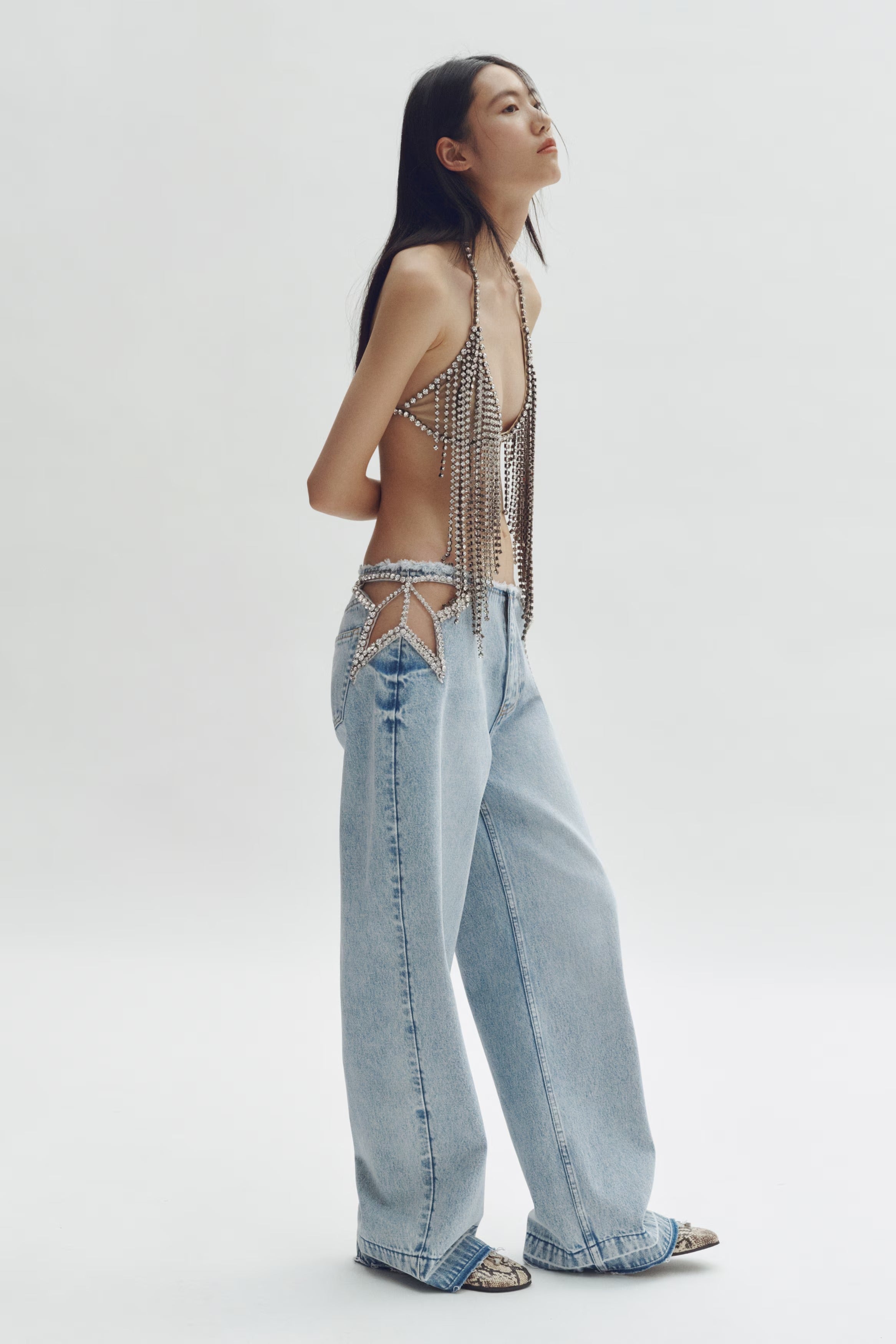 💕💕Rhinestone Cutout Wide Leg Jeans