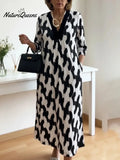 💝💝Elegant Art Print Color Block Trim V-neck Midi Dress