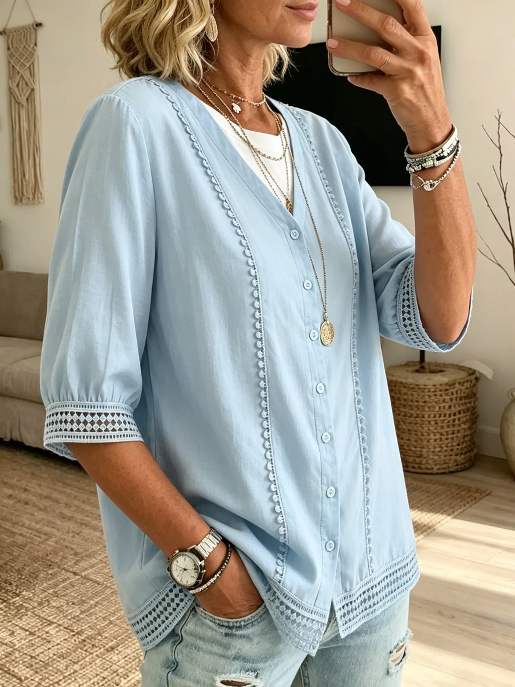 💝💝Women's Casual Three-quarter Sleeve V-neck Lace Cotton Linen Cardigan Shirt