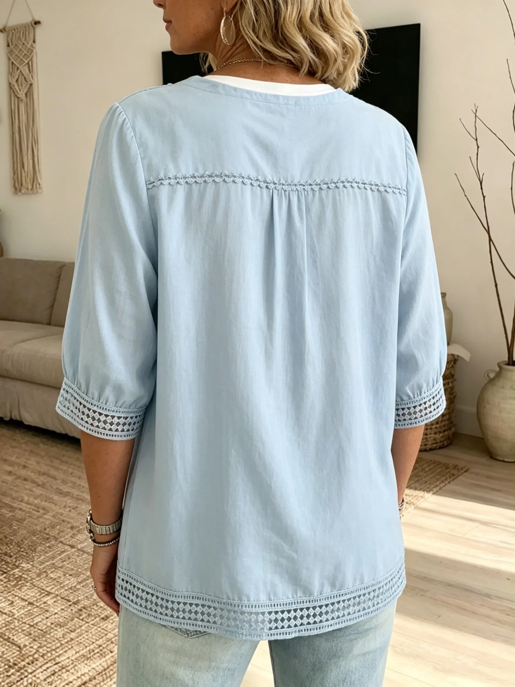 💝💝Women's Casual Three-quarter Sleeve V-neck Lace Cotton Linen Cardigan Shirt
