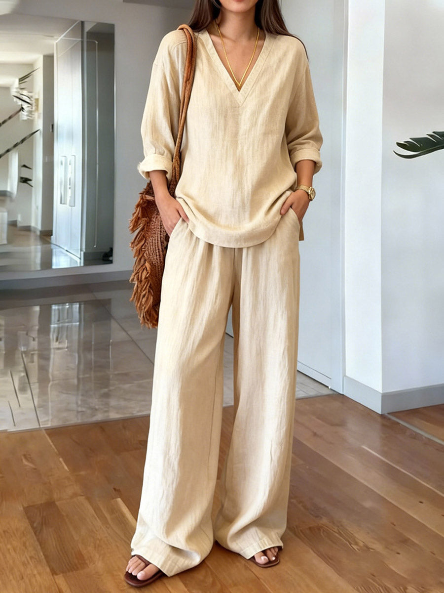 💝💝Women's Solid Color Art Comfortable Casual Top And Pants Cotton Two-piece Set