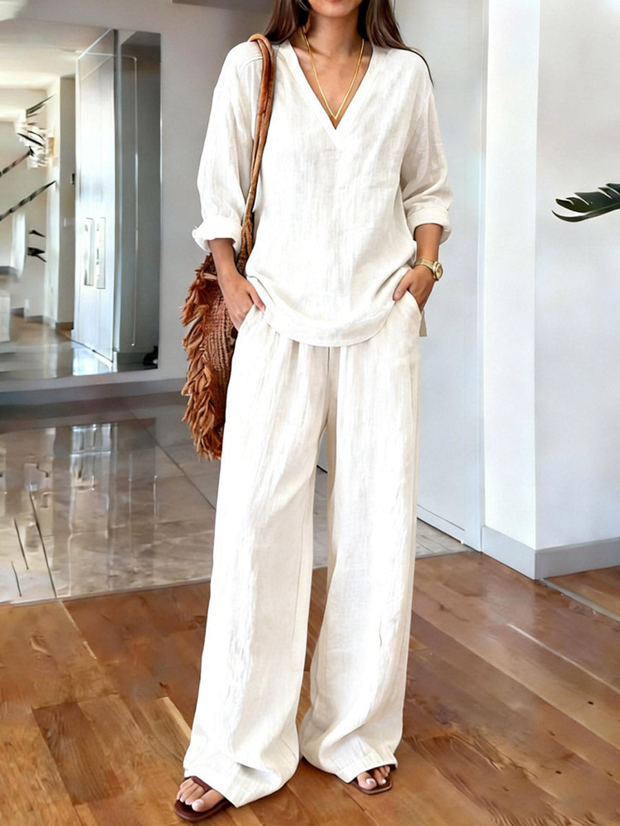 💝💝Women's Solid Color Art Comfortable Casual Top And Pants Cotton Two-piece Set