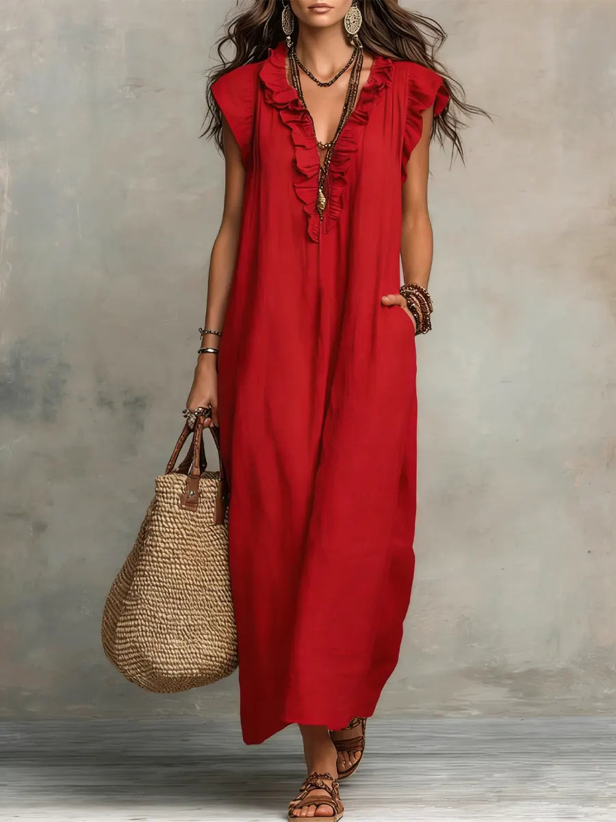 🌷Flowy Ruffle V-Neck Maxi Dress – Elegant, Slimming & Effortlessly Chic