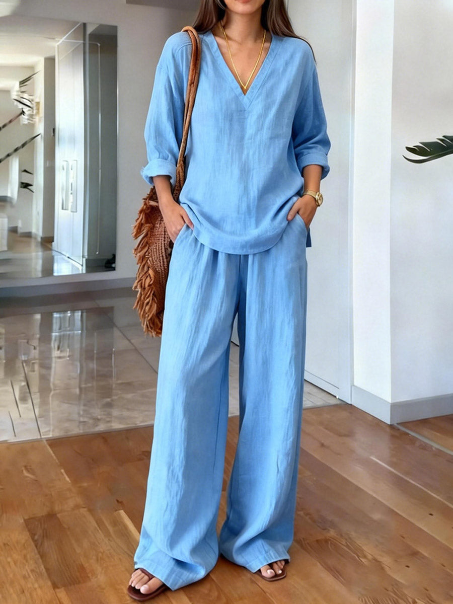 💝💝Women's Solid Color Art Comfortable Casual Top And Pants Cotton Two-piece Set