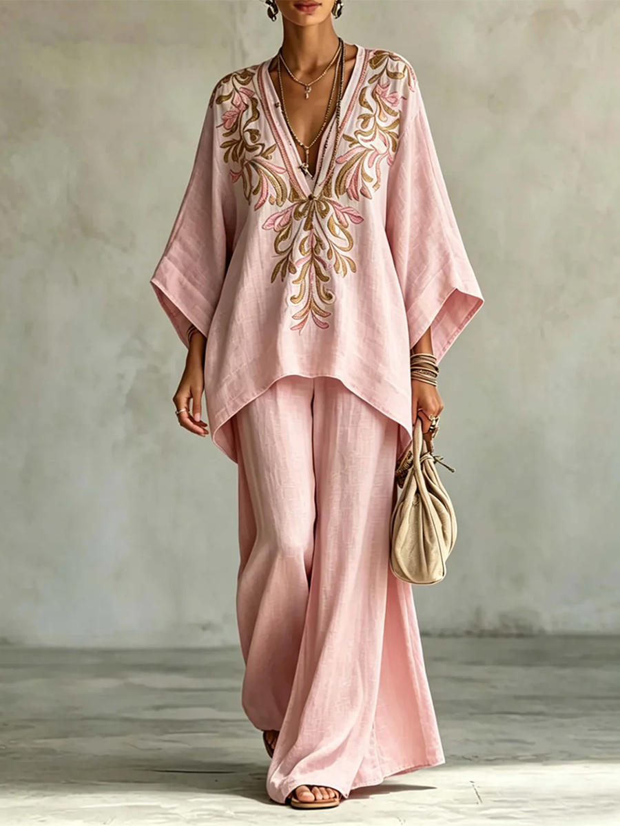 💝💝Retro Floral Print Cotton-linen Two-piece Set
