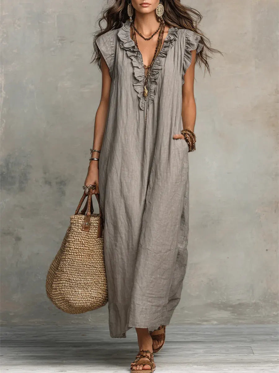 🌷Flowy Ruffle V-Neck Maxi Dress – Elegant, Slimming & Effortlessly Chic