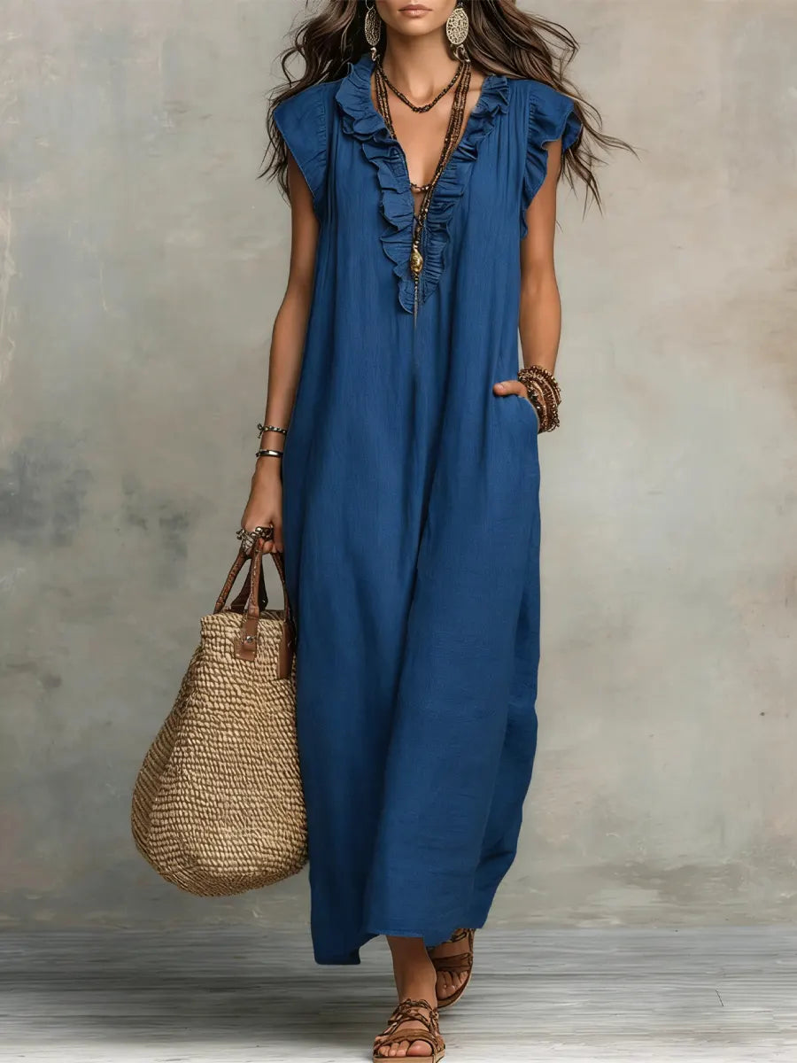🌷Flowy Ruffle V-Neck Maxi Dress – Elegant, Slimming & Effortlessly Chic