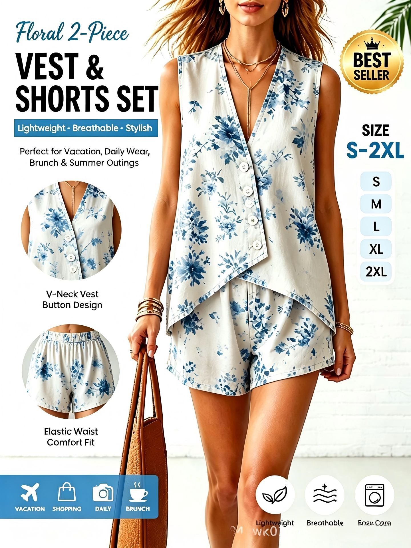 🌷Women's Irregular Cotton-Linen Sleeveless V-Neck Button-Front Top and Shorts Two-Piece Set, 10 Colors