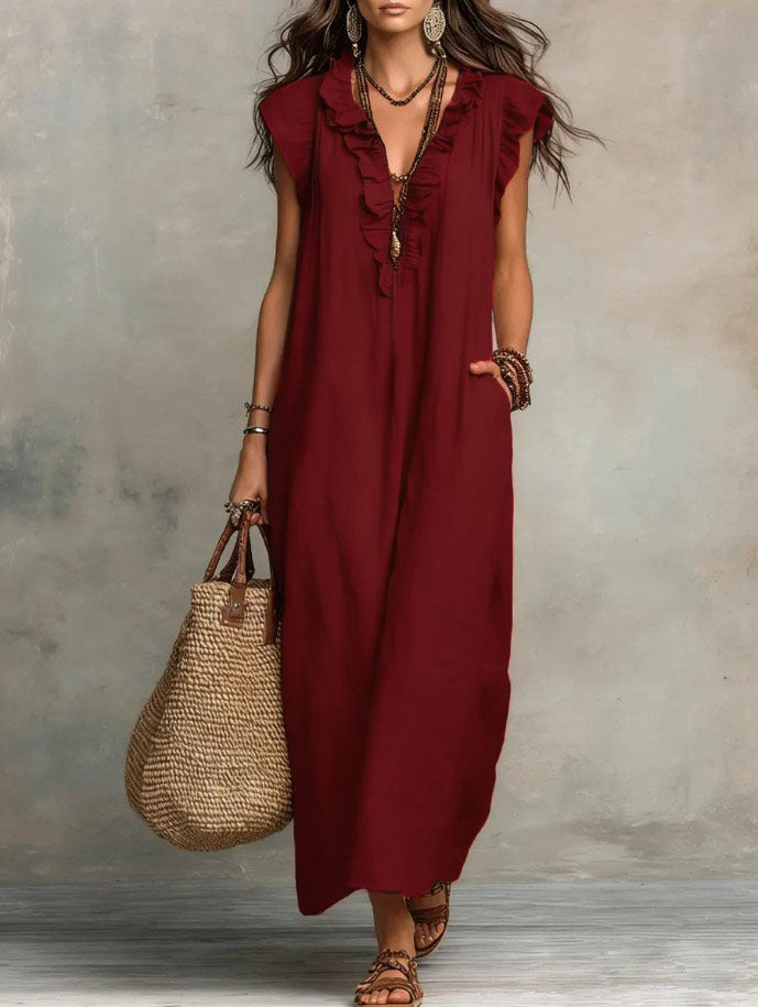 🌷Flowy Ruffle V-Neck Maxi Dress – Elegant, Slimming & Effortlessly Chic