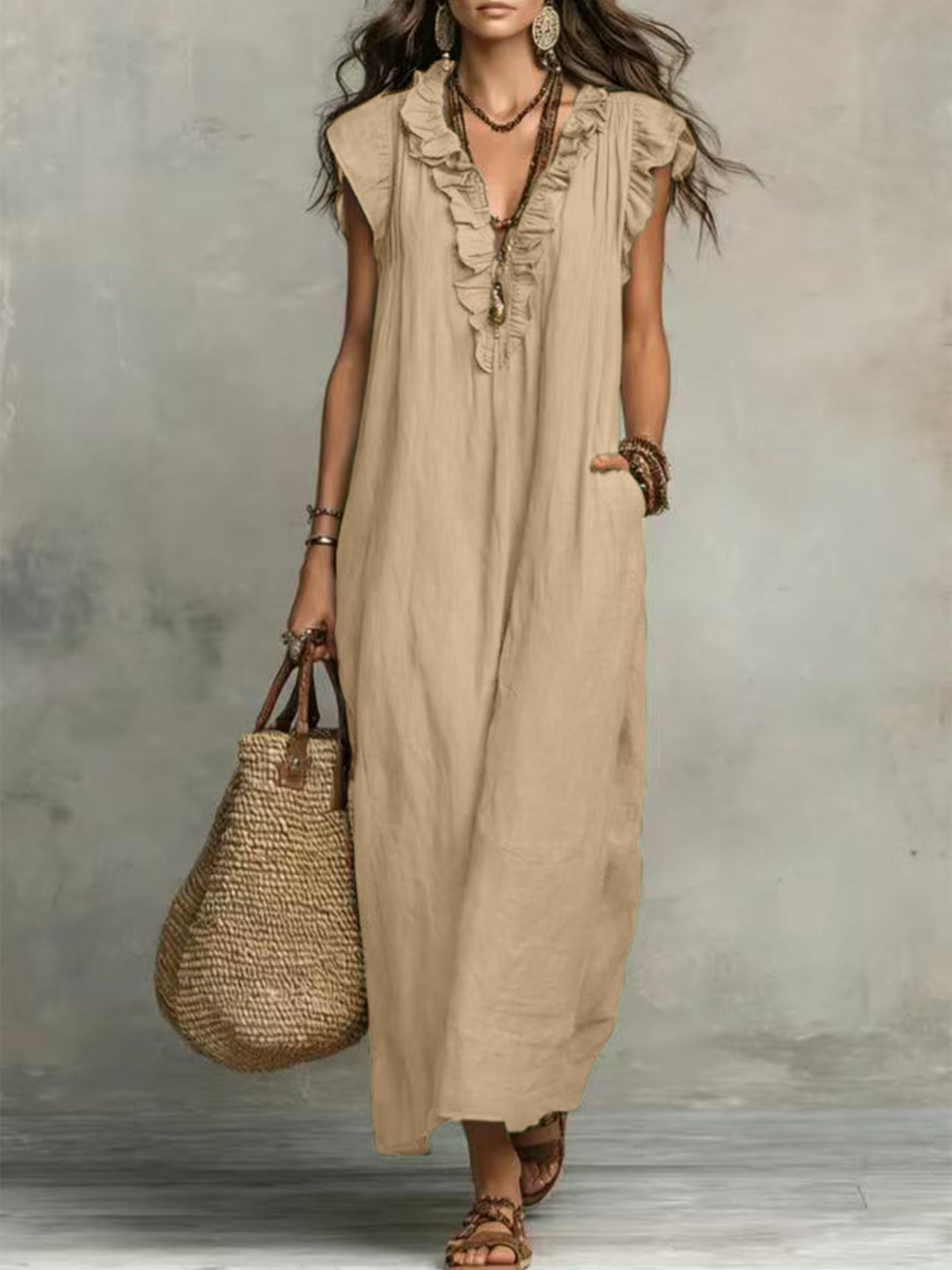 🌷Flowy Ruffle V-Neck Maxi Dress – Elegant, Slimming & Effortlessly Chic