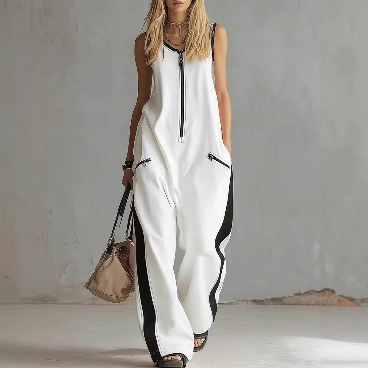 🌷Loose Sleeveless Contrast Color Pockets Zipper V-Neck Jumpsuits