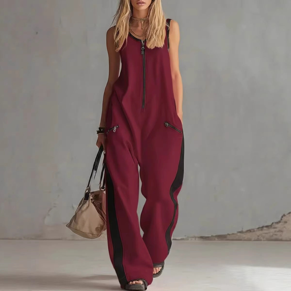 🌷Loose Sleeveless Contrast Color Pockets Zipper V-Neck Jumpsuits