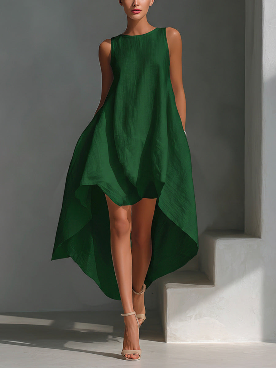 🌷🌷Women's White Linen Fabric Sleeveless Midi Dress With Round Neck & Asymmetric Hem