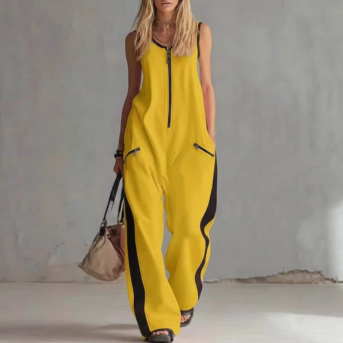 🌷Loose Sleeveless Contrast Color Pockets Zipper V-Neck Jumpsuits