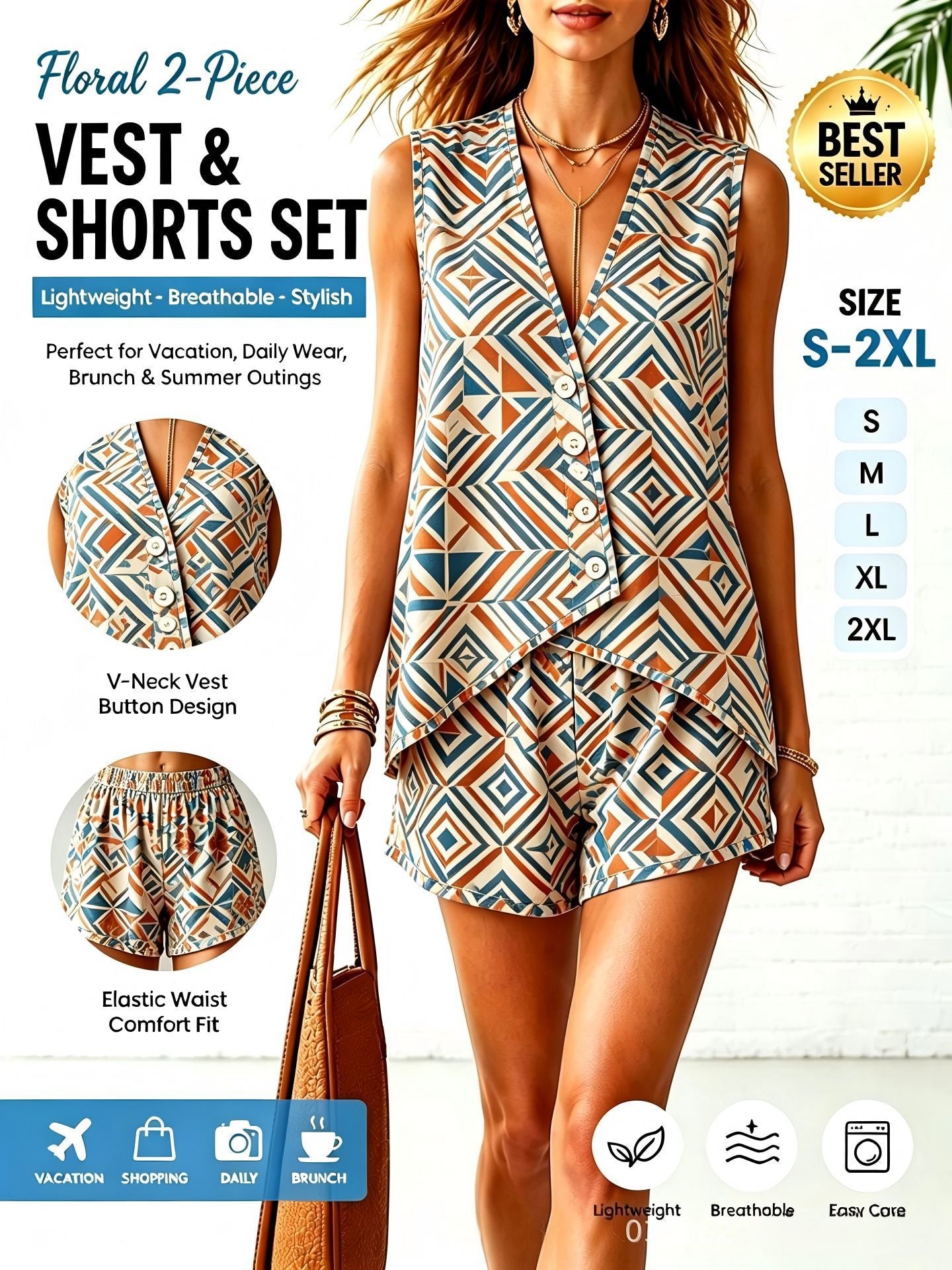 🌷Women's Irregular Cotton-Linen Sleeveless V-Neck Button-Front Top and Shorts Two-Piece Set, 10 Colors