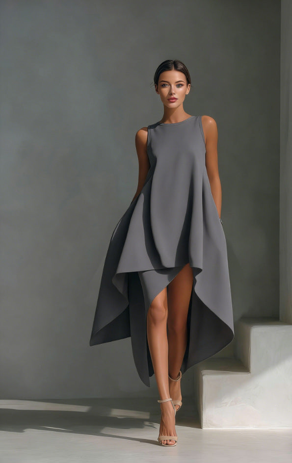 🌷🌷Women's White Linen Fabric Sleeveless Midi Dress With Round Neck & Asymmetric Hem