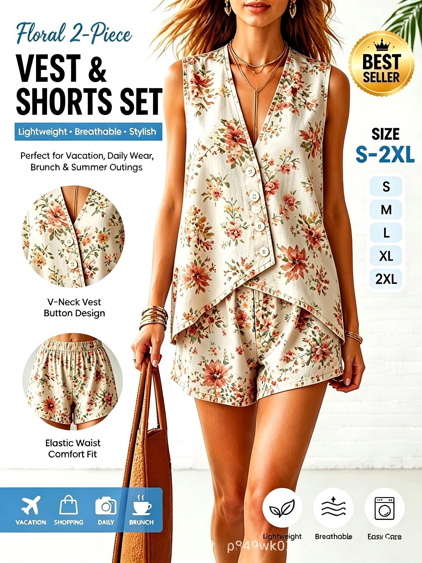 🌷Women's Irregular Cotton-Linen Sleeveless V-Neck Button-Front Top and Shorts Two-Piece Set, 10 Colors