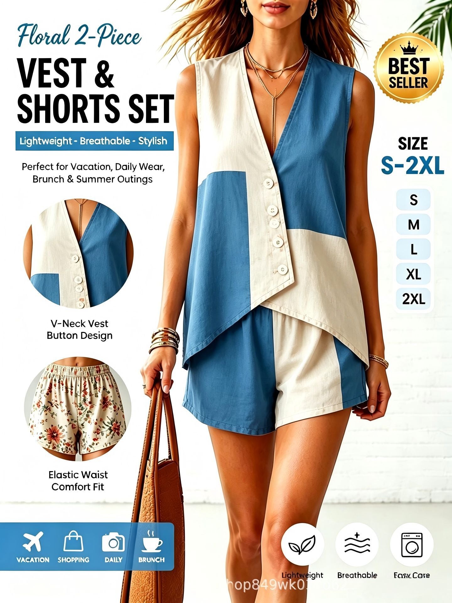 🌷Women's Irregular Cotton-Linen Sleeveless V-Neck Button-Front Top and Shorts Two-Piece Set, 10 Colors