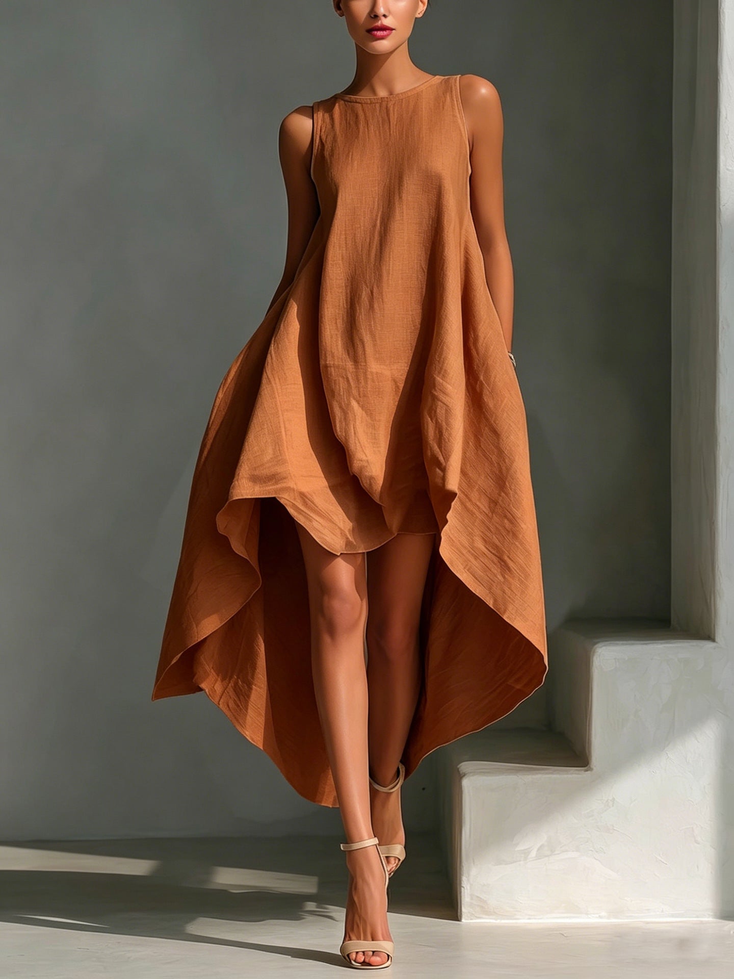 🌷🌷Women's White Linen Fabric Sleeveless Midi Dress With Round Neck & Asymmetric Hem