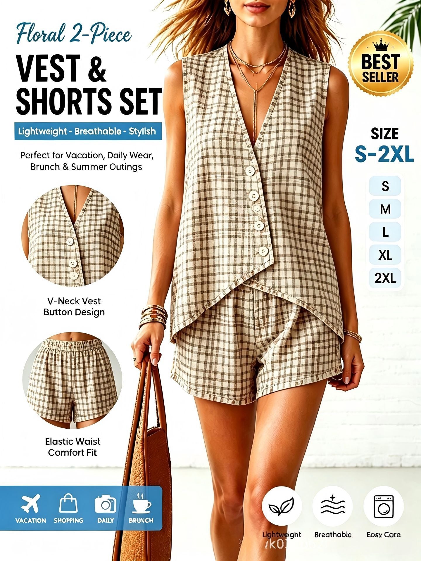 🌷Women's Irregular Cotton-Linen Sleeveless V-Neck Button-Front Top and Shorts Two-Piece Set, 10 Colors