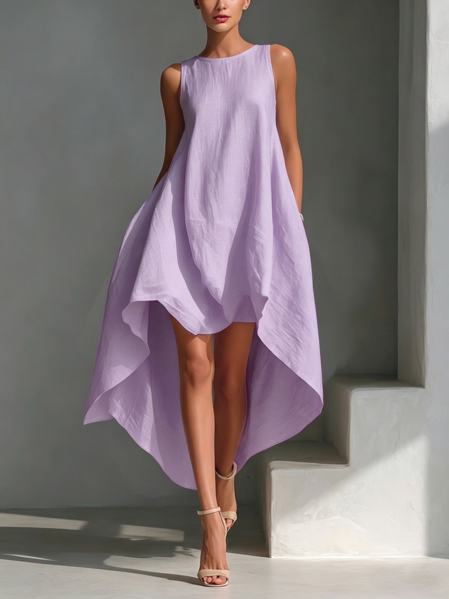 🌷🌷Women's White Linen Fabric Sleeveless Midi Dress With Round Neck & Asymmetric Hem