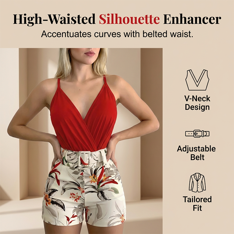 📢📢40% OFF !! ⏰ V-Neck & High-Waist Shorts Set – Tropical Print, 2-Piece Vacation Outfit 🌴